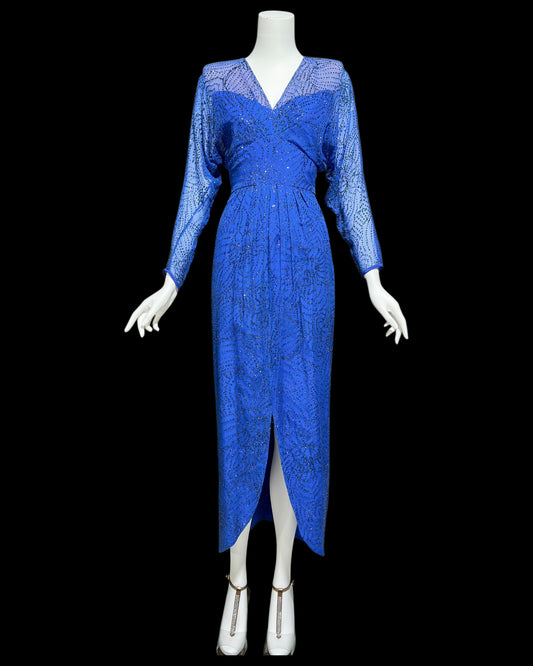 ROBERT COURTNEY Gene Roy 1980s vintage evening dress, sapphire blue illusion top