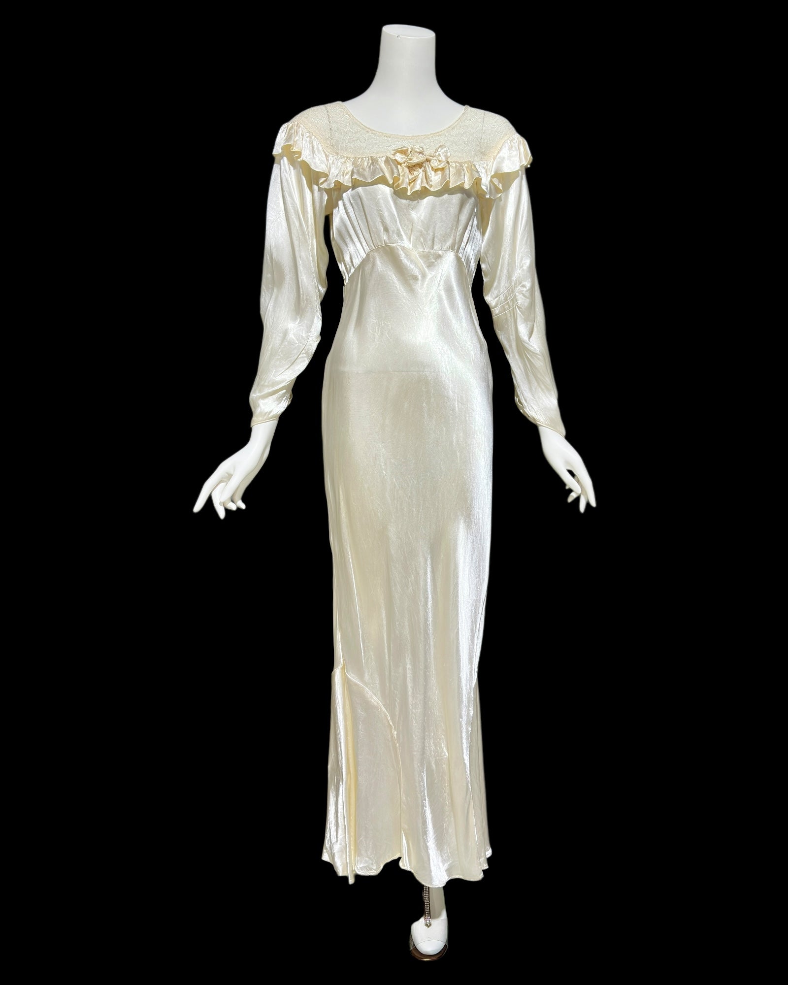 1930s vintage liquid satin wedding dress, shiny bias cut sheath bridal gown, full length gown with sleeves