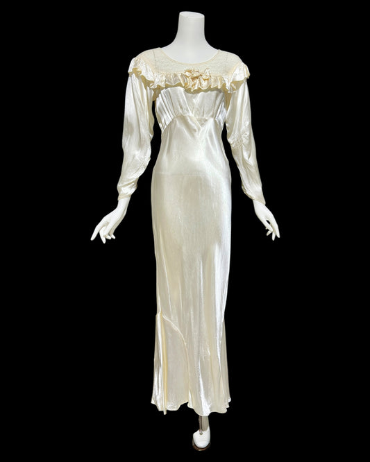 1930s vintage liquid satin wedding dress, shiny bias cut sheath bridal gown, full length gown with sleeves