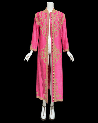 MOURJANA vintage 1960s raw silk Moroccan Kaftan caftan dress, Hand Made Hot Pink and gold metallic 