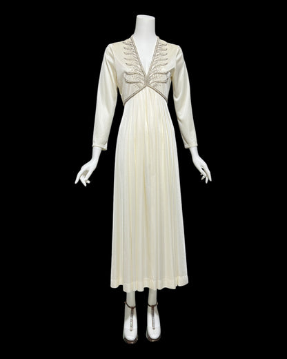 JACK BRYAN 1970s vintage white jersey knit evening dress, beaded maxi dress, long sleeves
