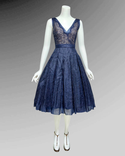 OLDRIC ROYCE by Tony Abate, vintage 1950s evening cocktail dress, navy chiffon fit and flare party dress