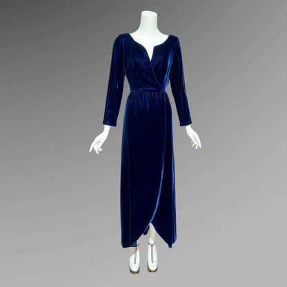 MOLLIE PARNIS vintage 1960s blue velvet wrap evening dress, Morty Sussman