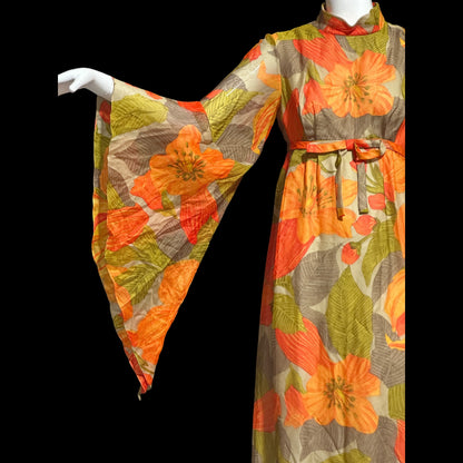 BOB BUGNAND Sam Friedlander,  Martha Weathered, vintage 1960s evening dress, Orange floral angel sleeves