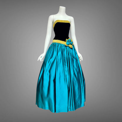 EUGENE ALEXANDER for Neiman Marcus, 1980s evening dress, black & teal rosette ball gown