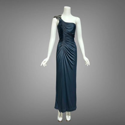 EUGENE ALEXANDER, vintage 1980s evening dress, Slinky Black sheath One Shoulder Grecian Goddess gown