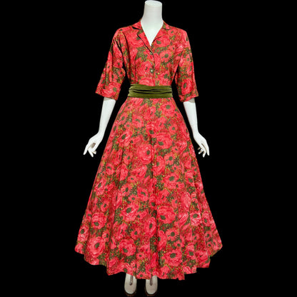 EVELYN PEARSON Lounging Apparel, 1950s house dress, red and green floral cotton day dress