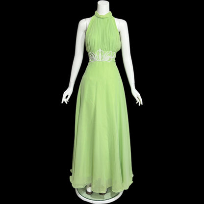 LILLIE RUBIN vintage 1970s green chiffon evening dress gown, Collection 700, matching scarf cape