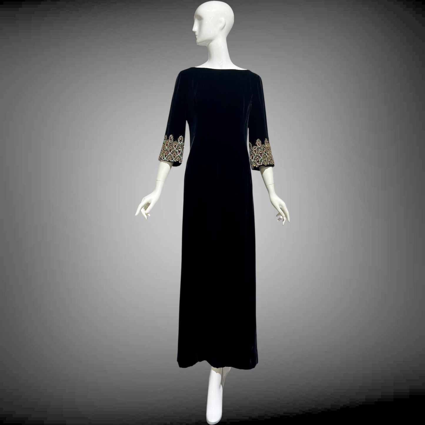 CAMEO vintage evening dress, for Bonwit Teller, 1960s black velvet beaded gown