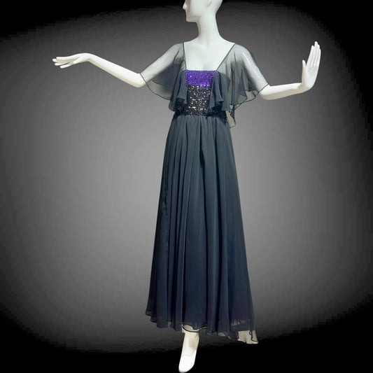 JEAN VARON, Made in England, vintage 1970s sequin and chiffon scarf evening dress