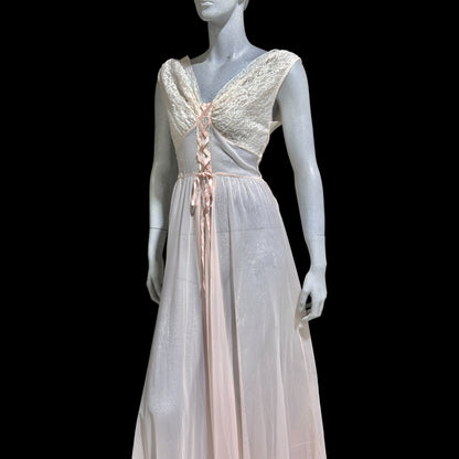ODETTE BARSA vintage 1940s nightgown slip dress, Sheer pale pink with white lace full sweep Old Hollywood gown