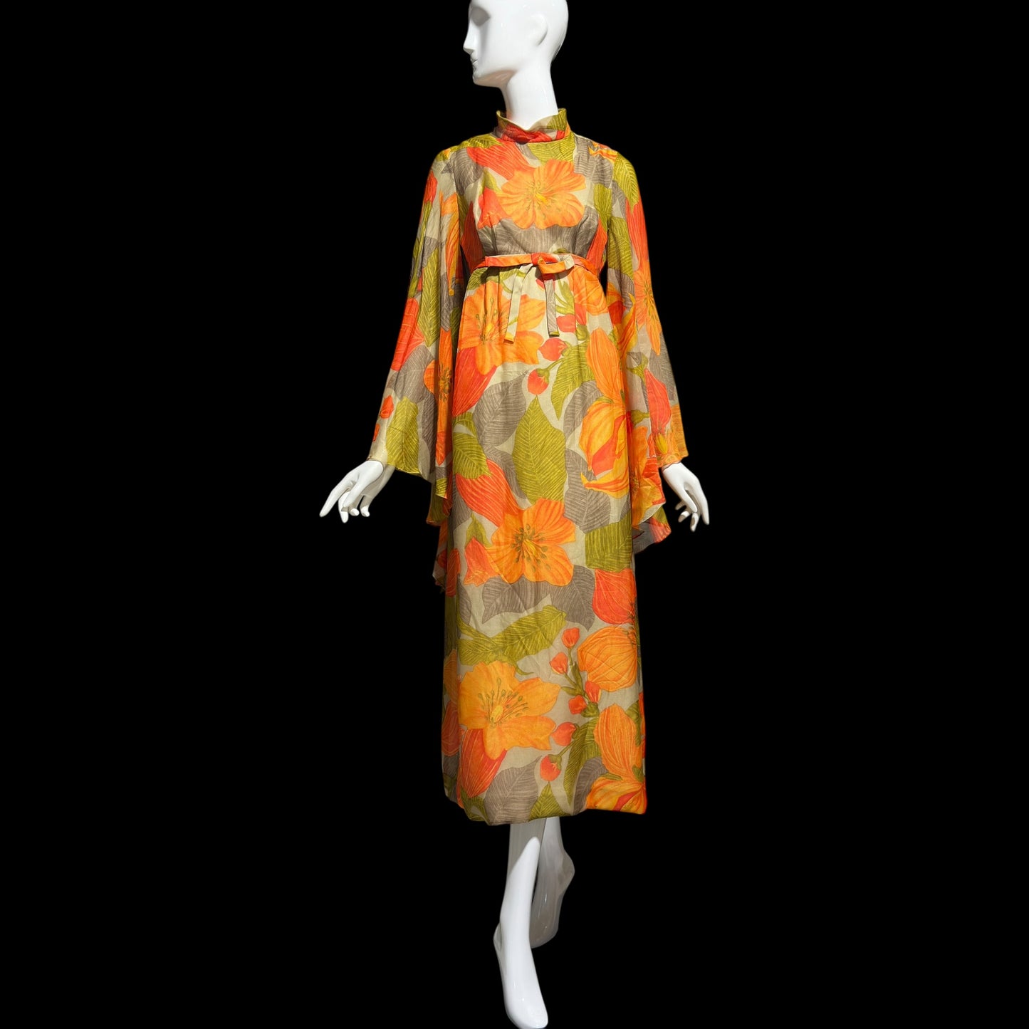 BOB BUGNAND Sam Friedlander,  Martha Weathered, vintage 1970s evening dress, Orange floral angel sleeves