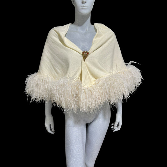 ECHO ORIGINATIONS, Vintage 1930s Ostrich Feather Cape Shawl, Creamy White warm knit evening bridal wedding wrap