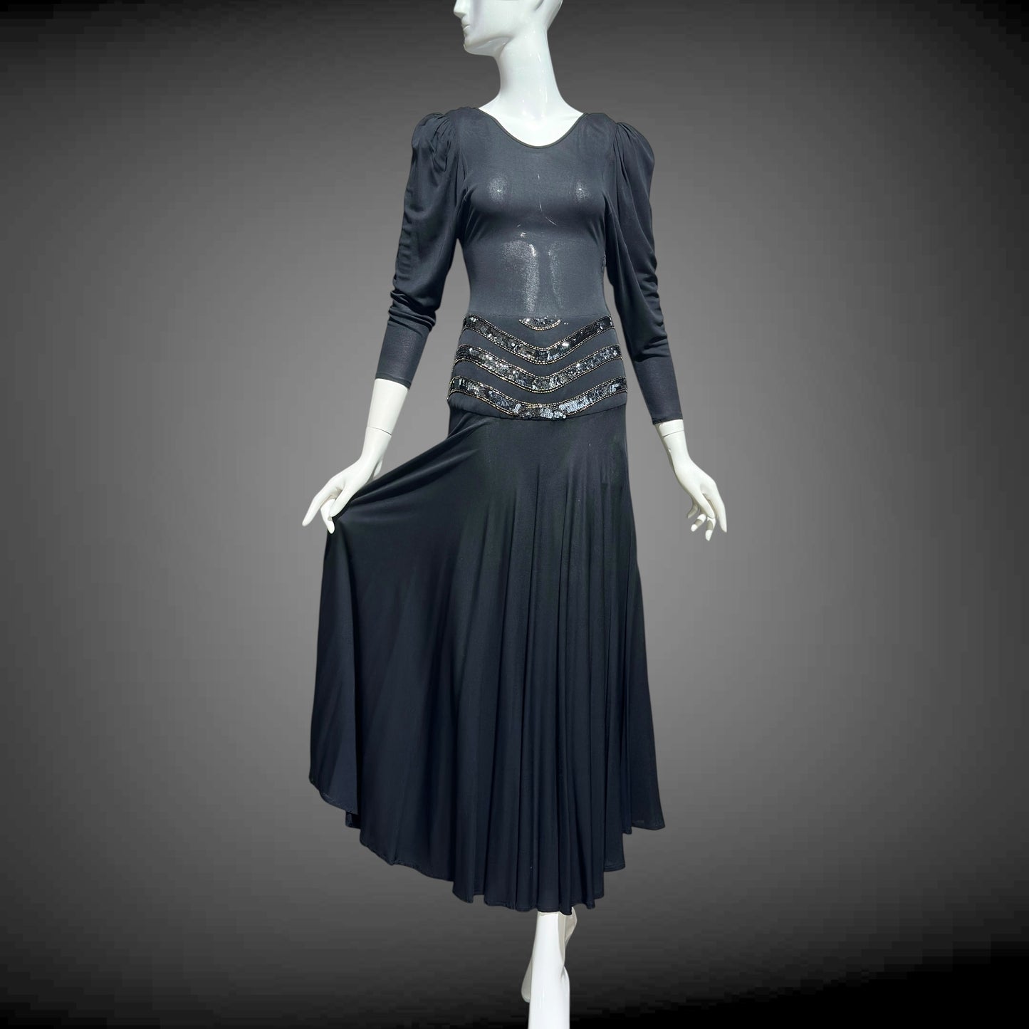 SAKS FIFTH AVENUE Made in England, 1970s evening dress, black jersey knit and sequins