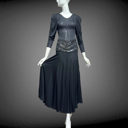SAKS FIFTH AVENUE Made in England, 1970s evening dress, black jersey knit and sequins