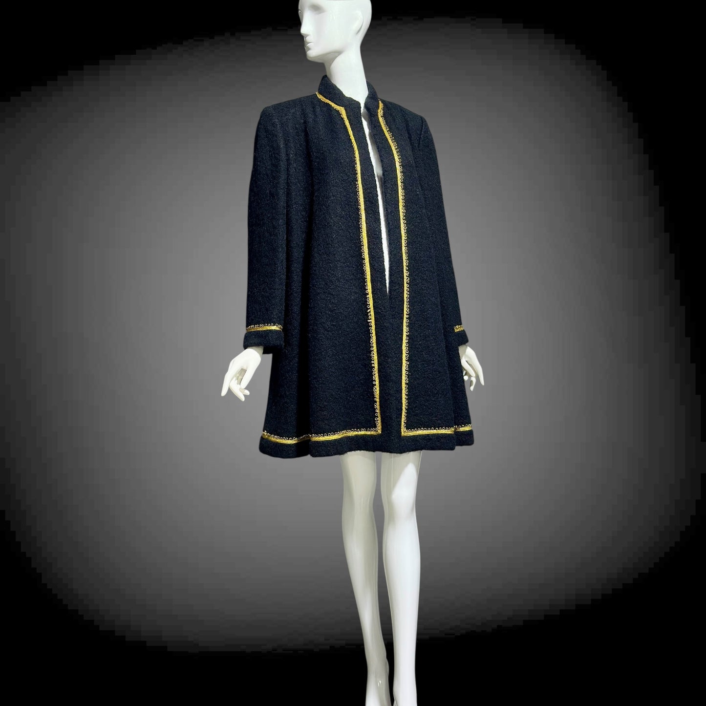 TRIGERE 1980s mohair swing coat, for SAKS 5th Ave Black mohair gold metallic cord