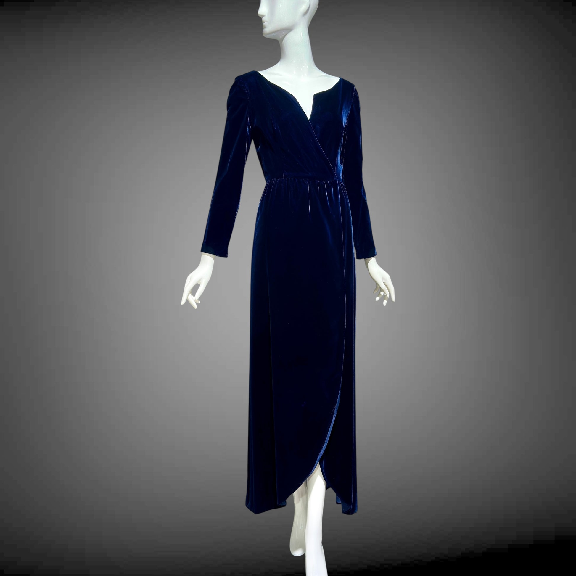 MOLLIE PARNIS vintage 1960s blue velvet wrap evening dress, Morty Sussman