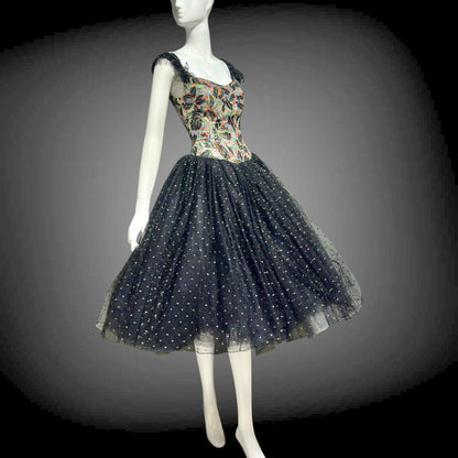 DAVID FIELDEN London, SAKS 1980s Party Dress, Silk Insane Tutu tulle lame party dress