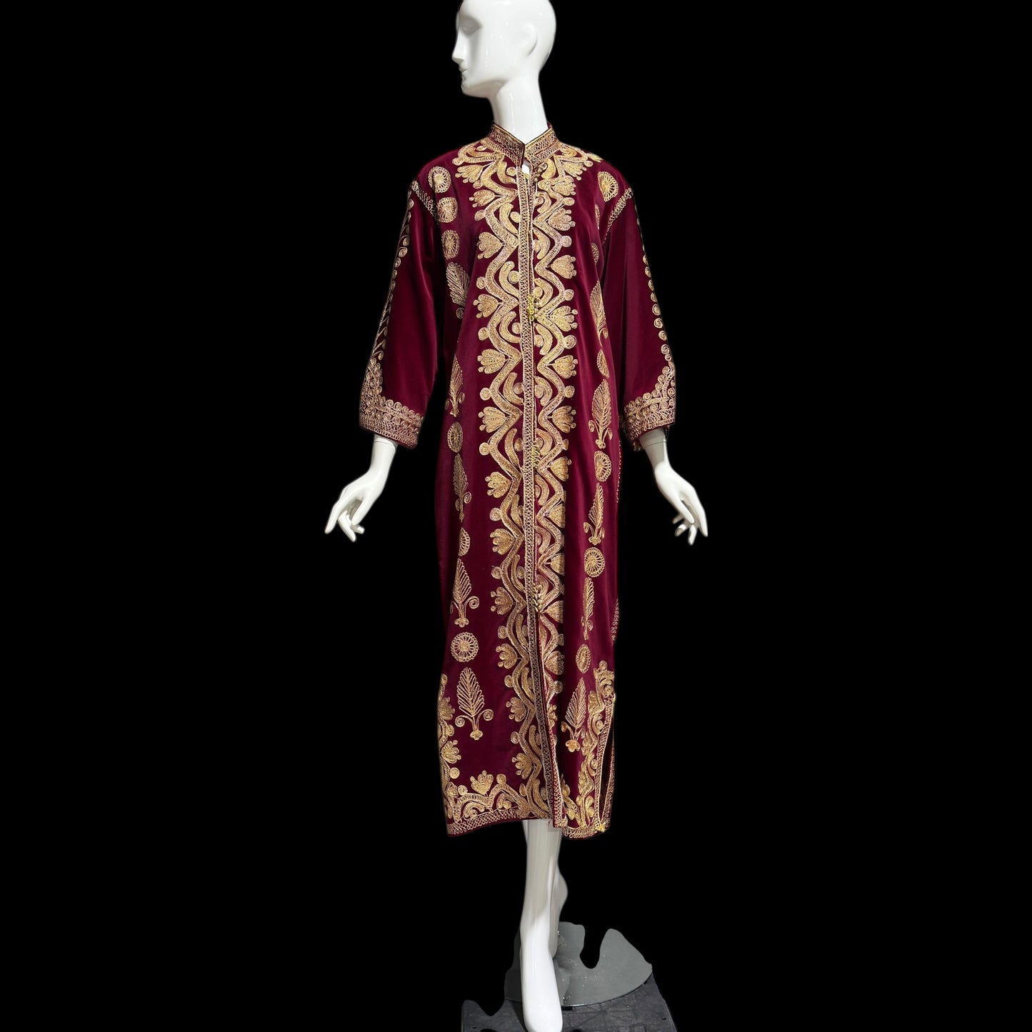 PROFILS du MONDE vintage Embroidered Moroccan kaftan,  1960s evening maxi coat dress, Beverly Hills Ruby Red velvet gold metallic