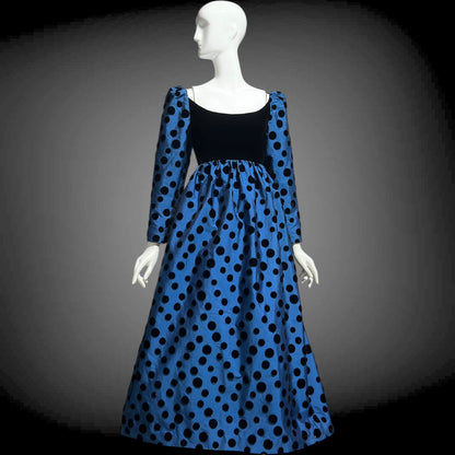 ADELE SIMPSON vintage 1960s evening dress, steel blue taffeta with black velvet flocked polka dots