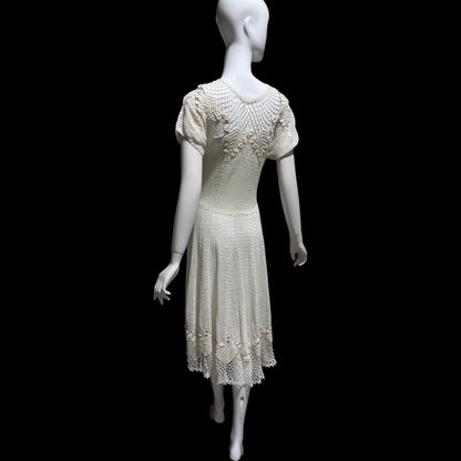 1970s vintage white crochet dress, all cotton blouson shirtdress, midi length
