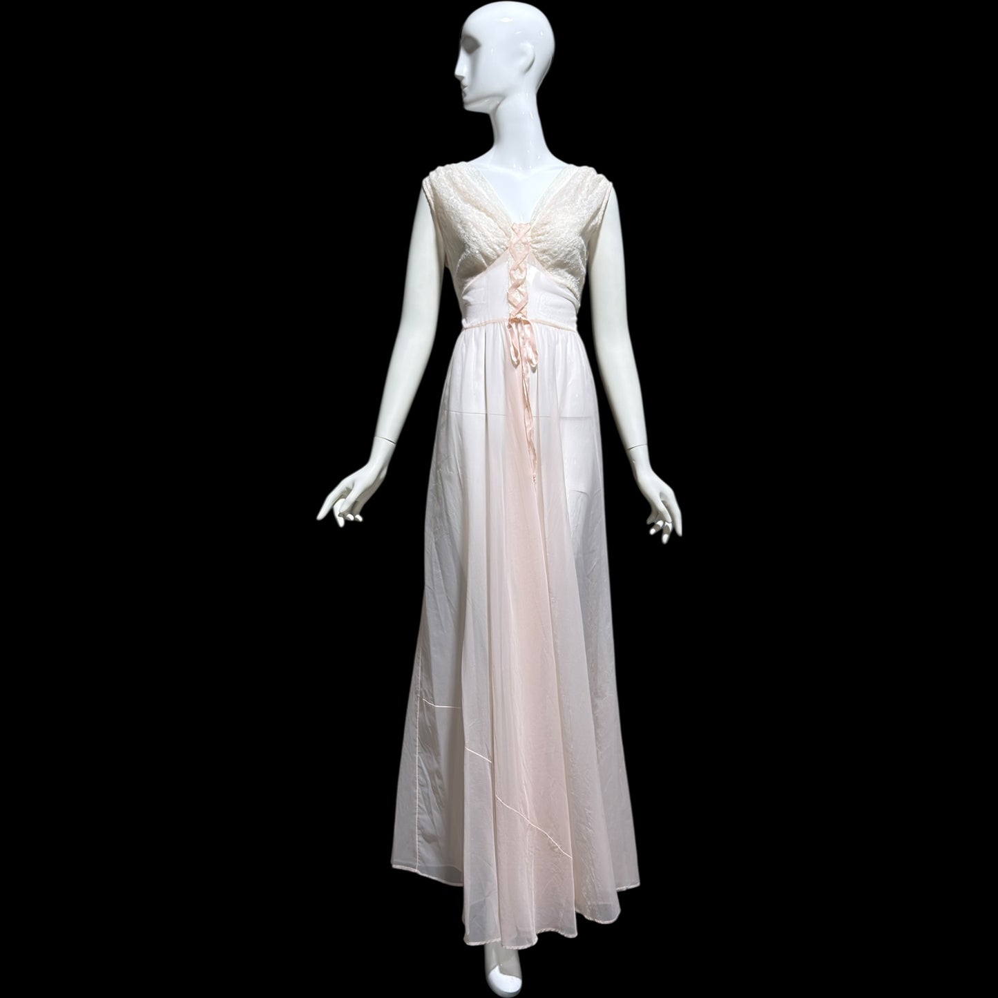ODETTE BARSA vintage 1940s nightgown slip dress, Sheer pale pink with white lace full sweep Old Hollywood gown