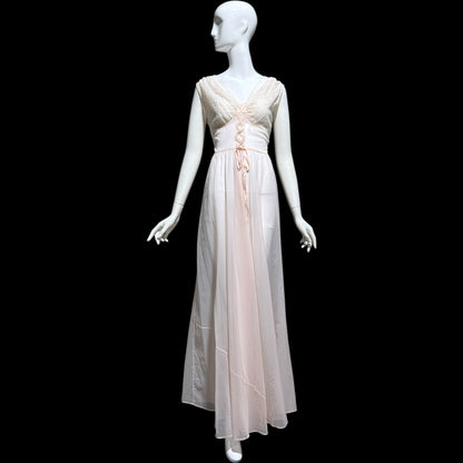 ODETTE BARSA vintage 1940s nightgown slip dress, Sheer pale pink with white lace full sweep Old Hollywood gown