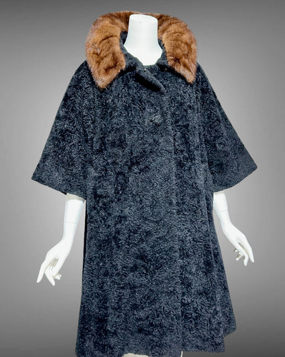 LILLI ANN 1950s vintage swing coat, Black boucle evening swing coat with mink collar