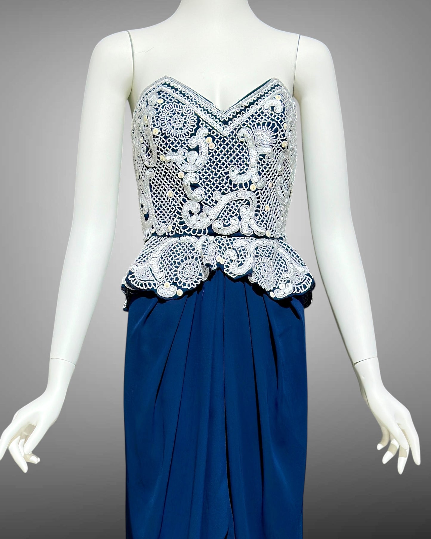 FABRICE SILHOUETTE 1980s vintage evening dress, Navy Blue and white beads and sequins strapless peplum formal gown