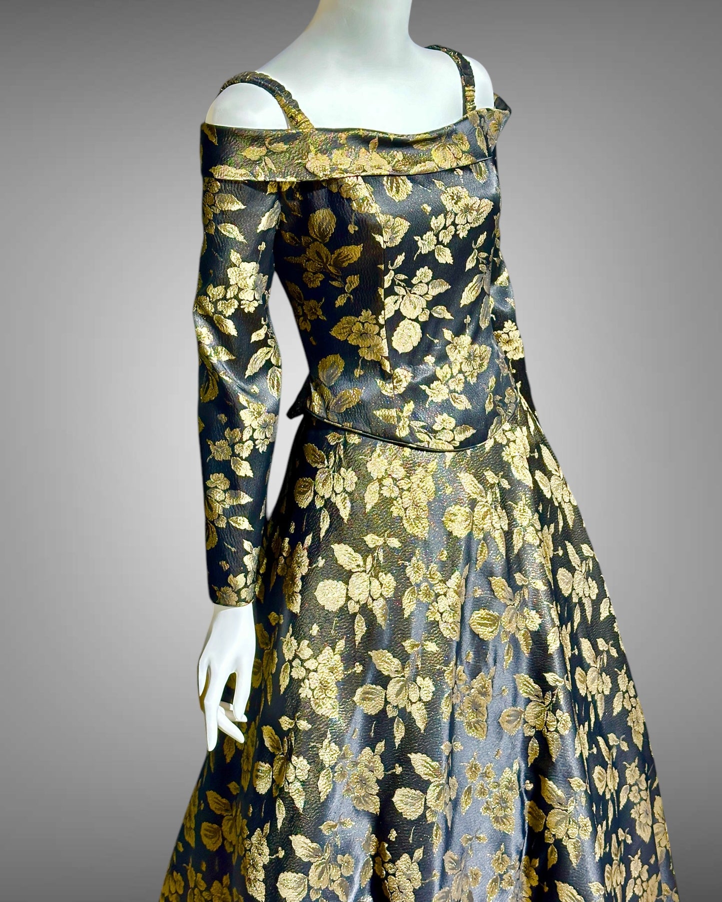 CHRIS KOLE 1980s vintage evening dress, Black and gold damask, long sleeve off the shoulder ball gown