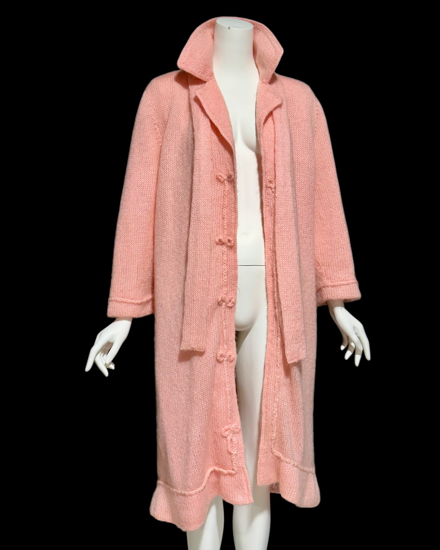 1960s vintage pink mohair coat, Mid Century stroller length open front coat