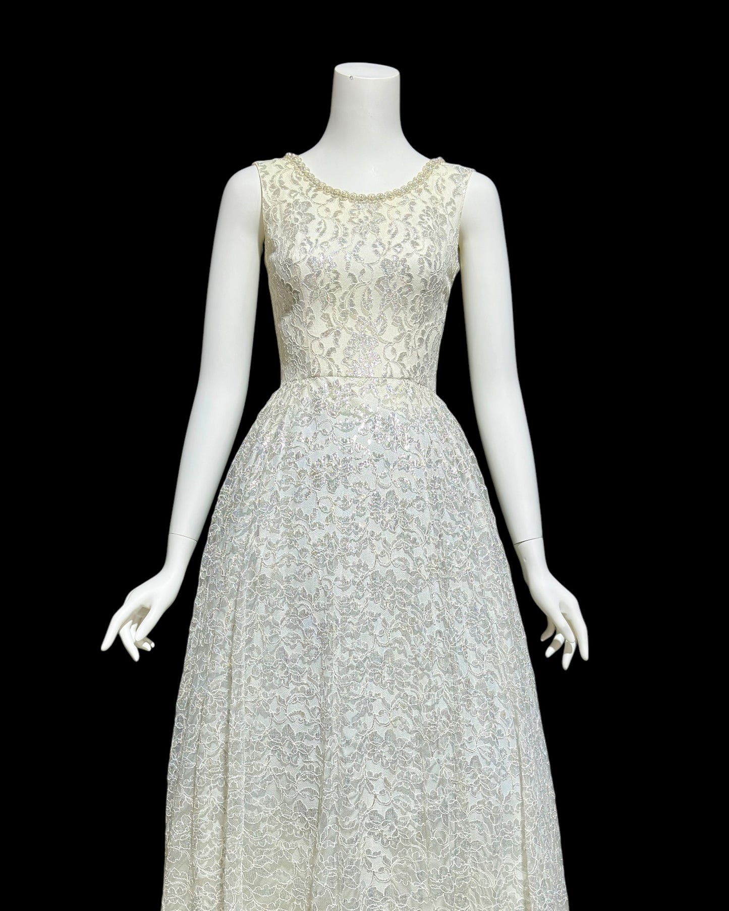 1960s vintage wedding dress, Full length white and silver lace princess evening gown