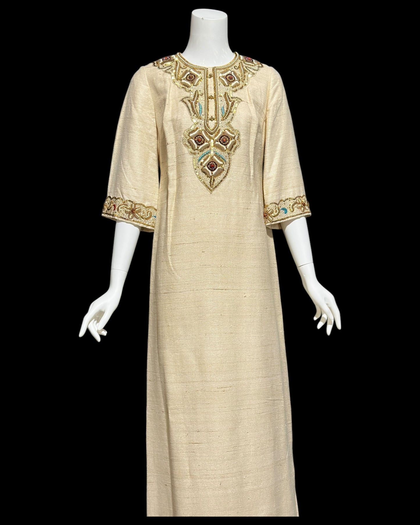 1960s vintage raw silk caftan dress, Custom made zardozi style embroidered Kaftan beaded evening gown