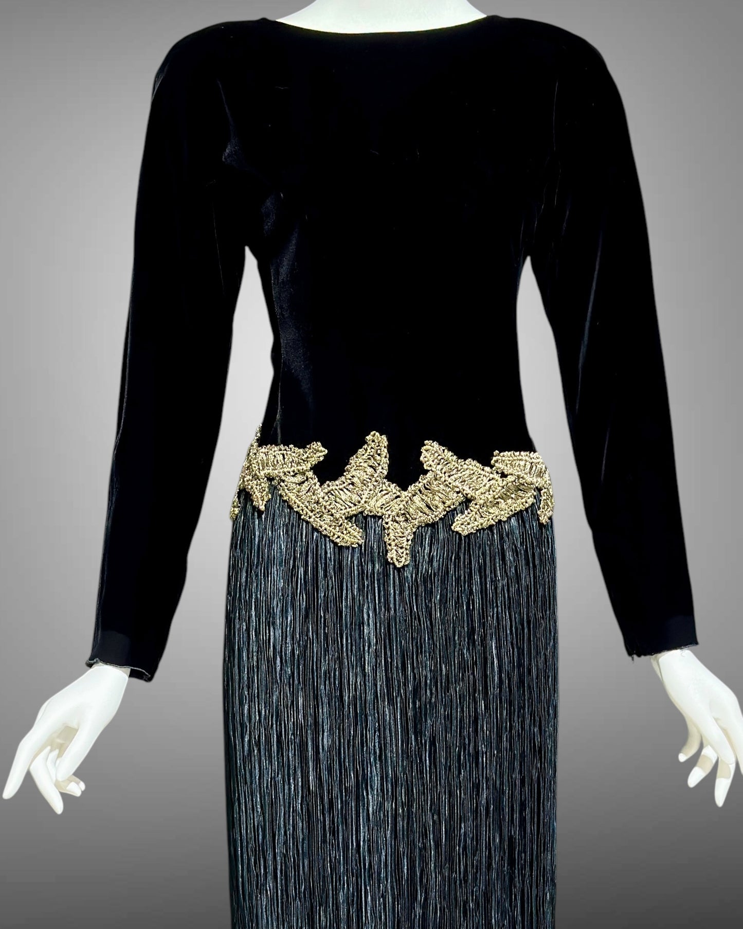 Mary McFadden evening dress, 1980s Black velvet fortuny pleats plisse cocktail party dress, SUITE 101 Beverly Hills