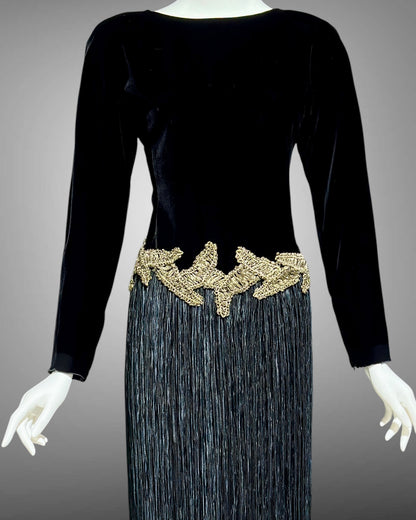 MARY MCFADDEN vintage evening dress, 1980s Designer Glam Black velvet plisse cocktail party dress