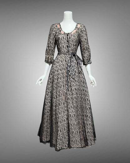 FLOBERT vintage 1940s black lace dressing gown robe, sheer black lace with pink ribbon trim