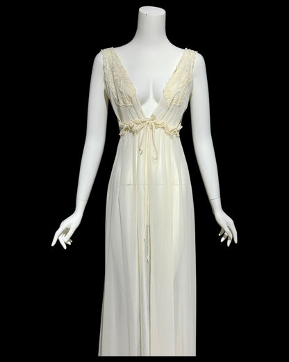 BONNIE STRAUSS vintage nightgown dressing gown set, 1980s completely sheer almond white backless robe and slip dress set