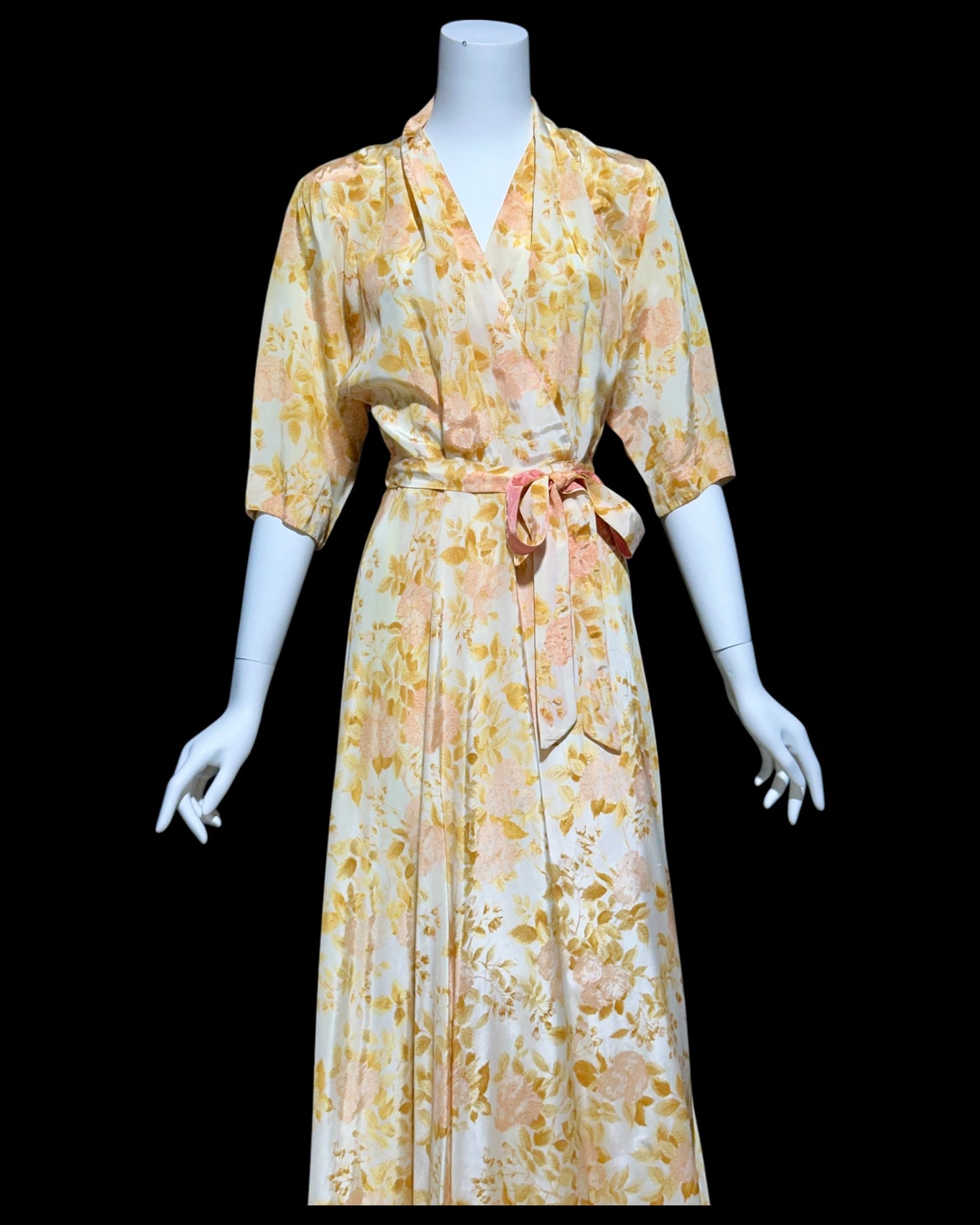 EVELYN PEARSON, vintage 1940s dressing gown robe, gold and pink floral wrap housecoat