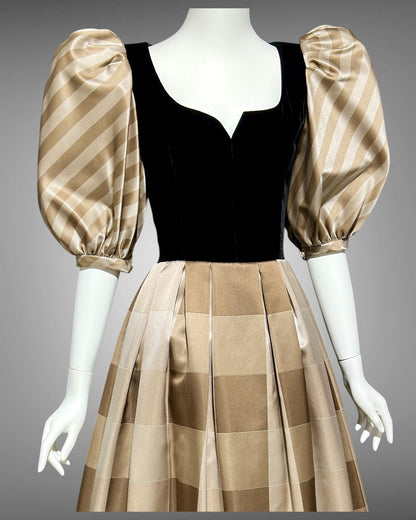 ANDRE LAUG vintage evening ball gown, 1970s Silk formal dress, black velvet brown mocha puffed sleeves