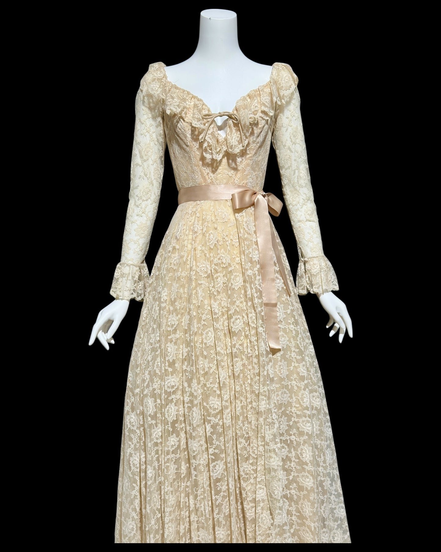 LES WILK 1970s vintage evening dress, lace beige ruffle deep V neckline full sweep wedding dress