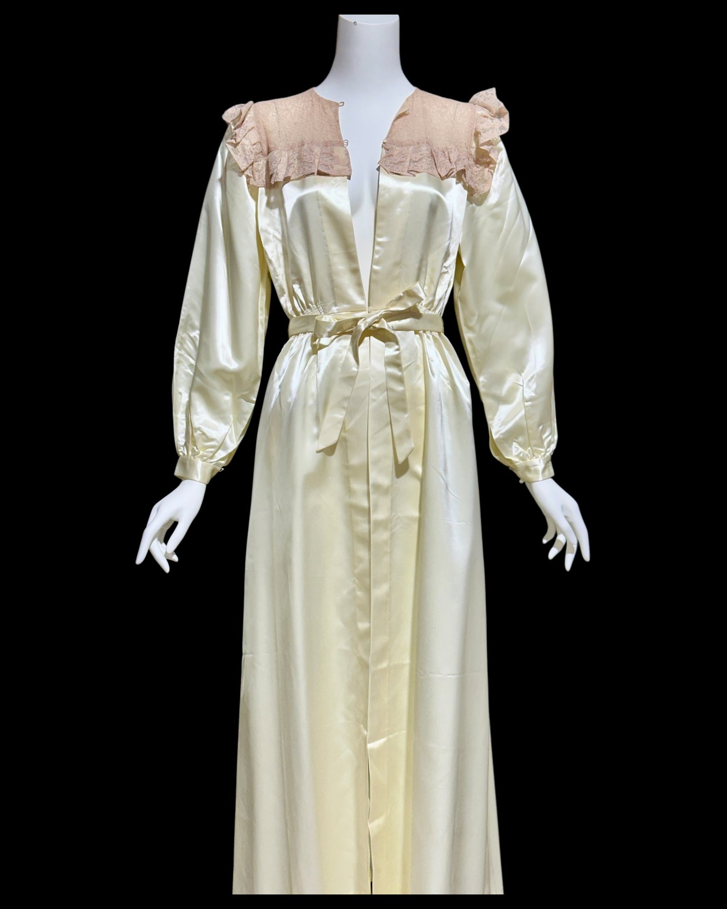 1930s vintage satin dressing gown robe, shiny candlelight and pink lace peignoir housecoat