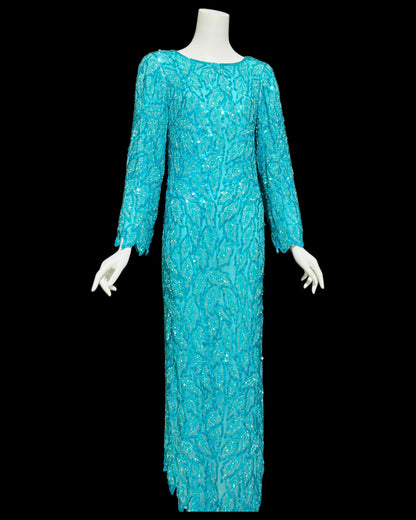 1980s Vintage Turquoise blue silk beaded full length sheath evening gown, Silver beads long sleeves and sequins