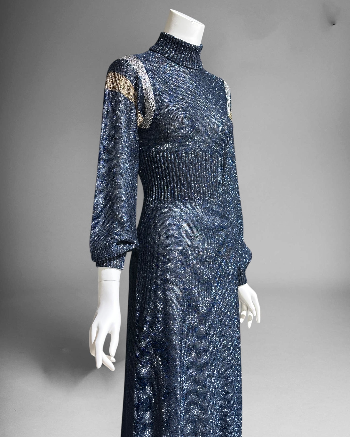 WENJILLI lurex maxi dress, 1970s vintage Blue Metallic Knit Maxi Dress Turtle Neckline