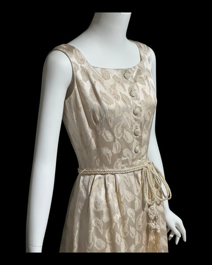 B. COHEN vintage 1940s silk dressing evening gown, house dress, ivory gold metallic feather button front