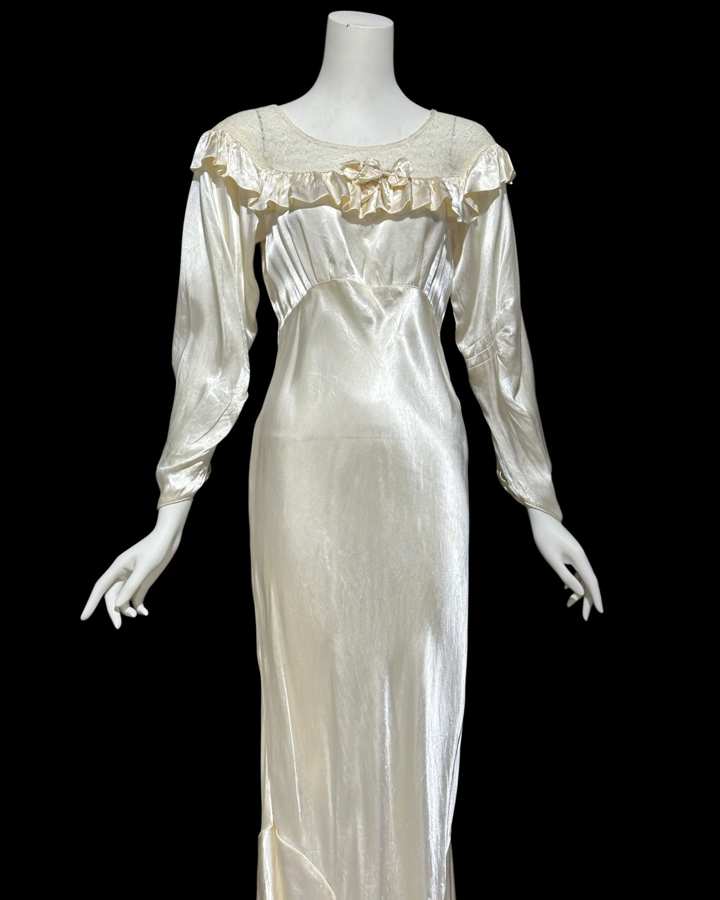 1930s vintage liquid satin wedding dress, shiny bias cut sheath bridal gown, full length gown with sleeves