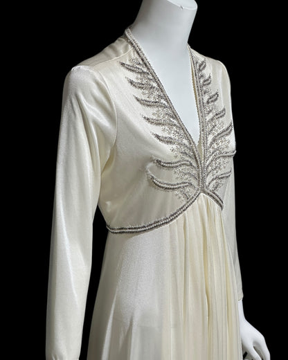JACK BRYAN, vintage 1970s white jersey knit evening wedding dress with beaded bodice