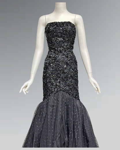 DAVID FIELDEN, 1980s Neiman Marcus, Black lace Mermaid sequin gown