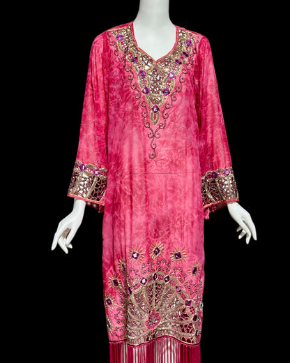 I MAGNIN, vintage 1980s caftan dress, embroidery, beaded, mirrors & cut work, sheer pink evening kaftan gown with Fringe