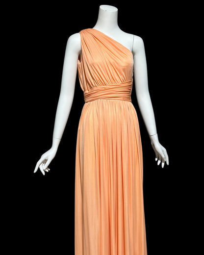 OLE BORDEN for Lillie Rubin, 1970s peach one shoulder evening gown, draped pleated grecian goddess gown