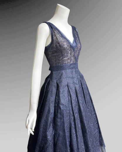 OLDRIC ROYCE by Tony Abate, vintage 1950s evening cocktail dress, navy organza fit and flare party dress